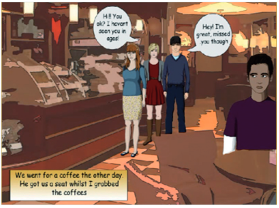 Screenshot from CAVA's video game for teen dating violence prevention shows a group of students in a coffee shop greeting one another.