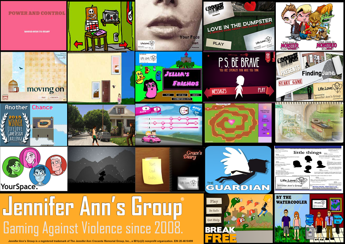 Jennifer Ann's Group, Gaming Against Violence since 2008, with thumbnail images of 22 published video games.