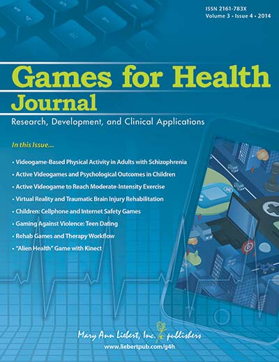Image of the cover of the Volume 3, Issue 4, 2014 issue of Games for Health Journal.