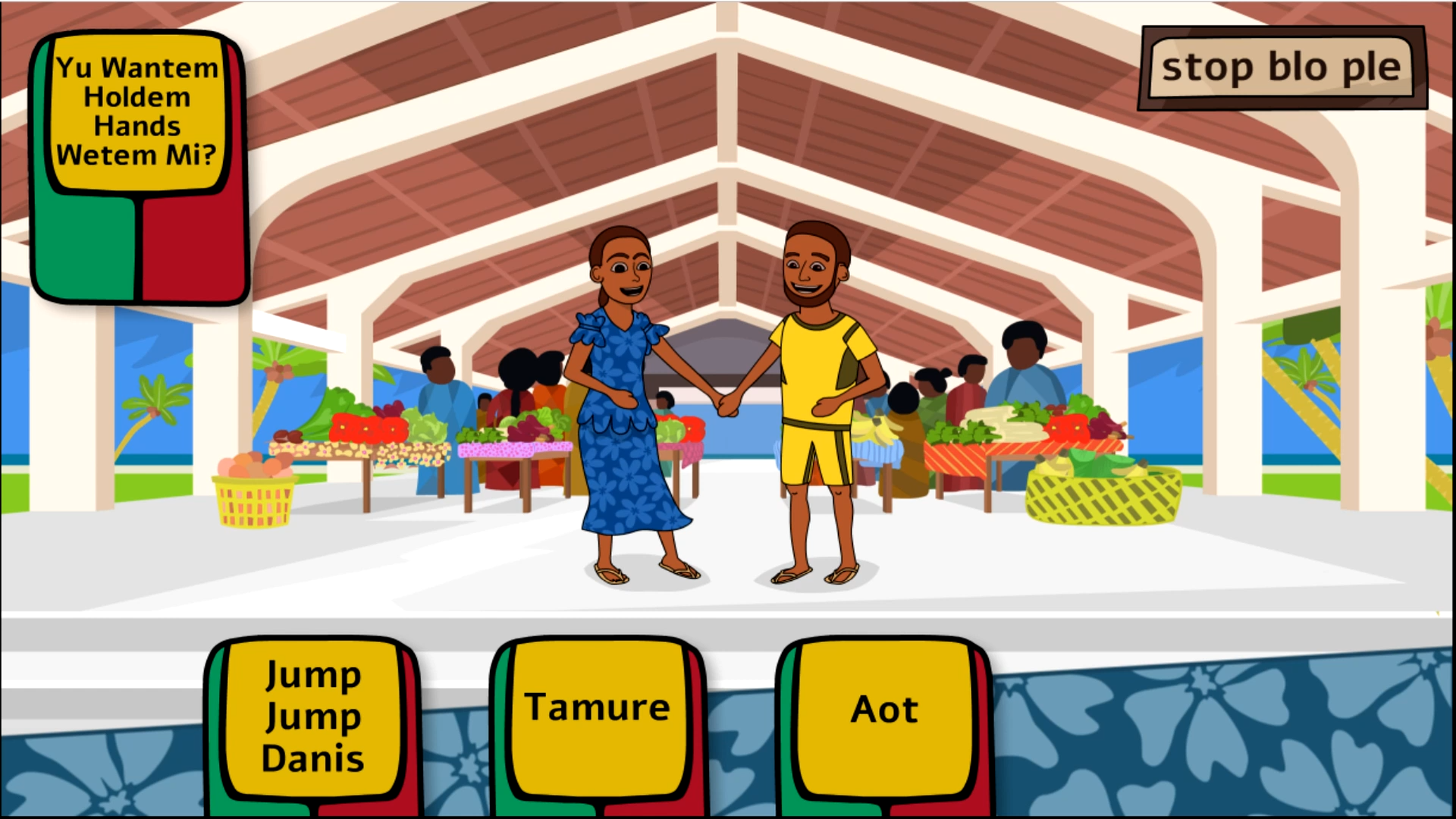 Screenshot from Rispek Danis (The Respect Dance) a serious video game about consent. Two game characters are holding hands in a marketplace in Vanuatu.